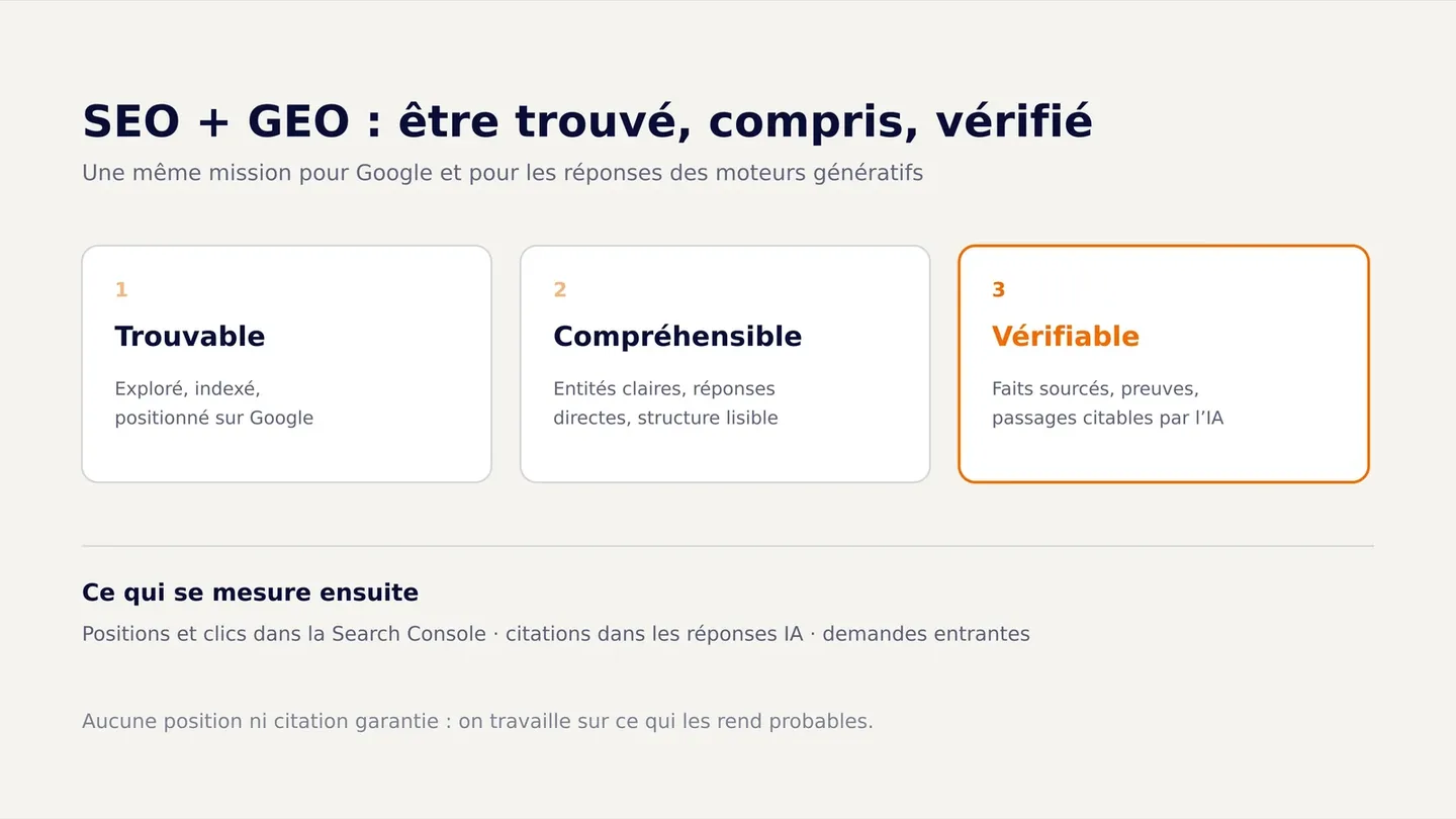 Trois cartes « trouvable, compréhensible, vérifiable » qui résument la mission SEO et GEO, et ce qui se mesure ensuite : positions, citations dans les réponses IA, demandes entrantes.
