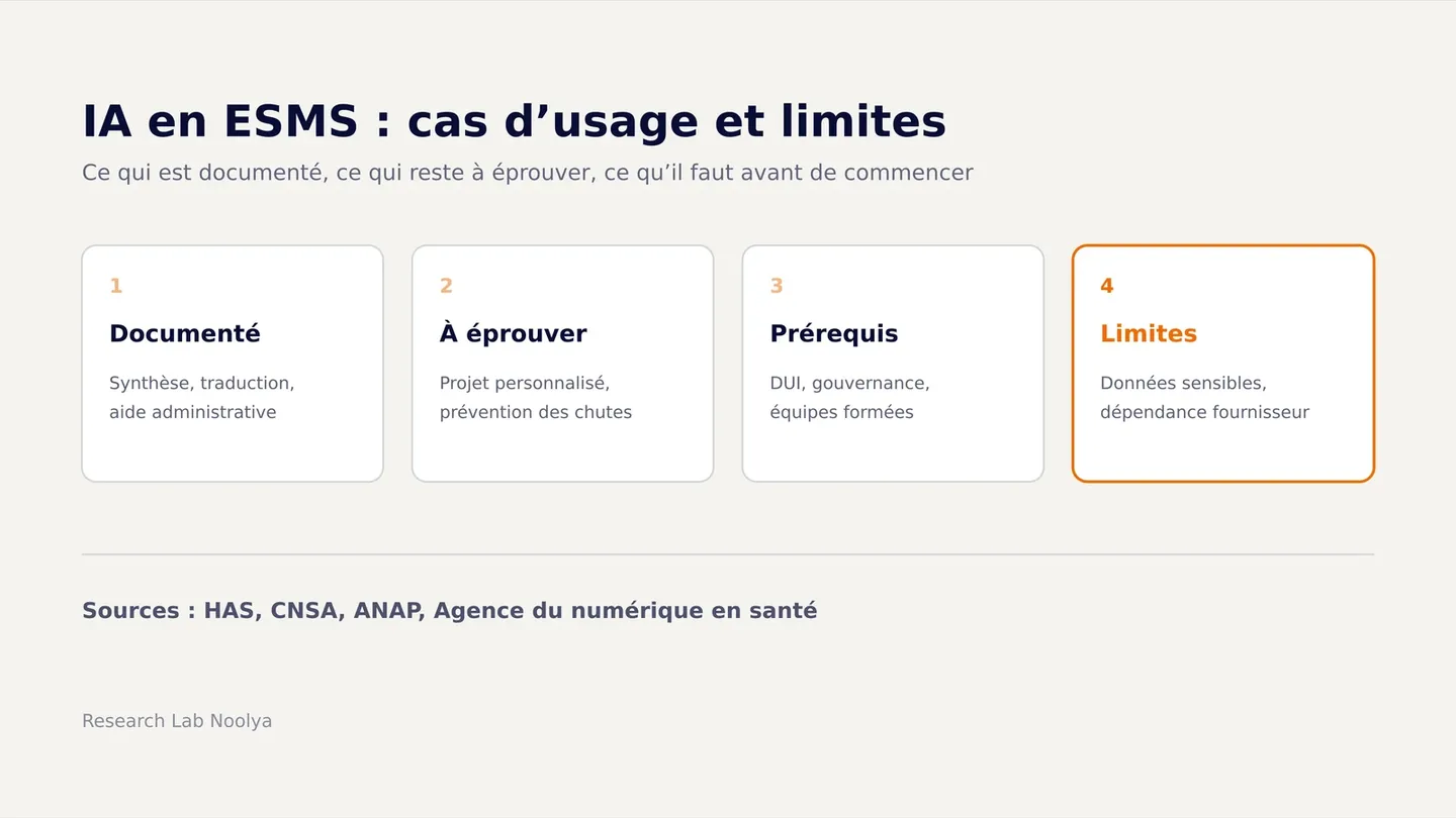 Couverture : l'IA dans les établissements médico-sociaux, quatre cartes sur les usages documentés, les usages à éprouver, les prérequis et les limites.