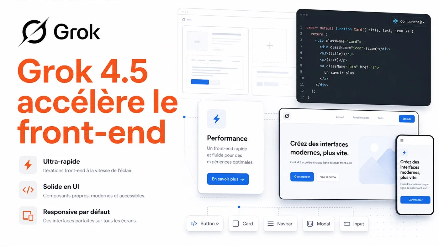 Visuel éditorial Grok 4.5 accélère le front-end avec logo Grok réel et interface web