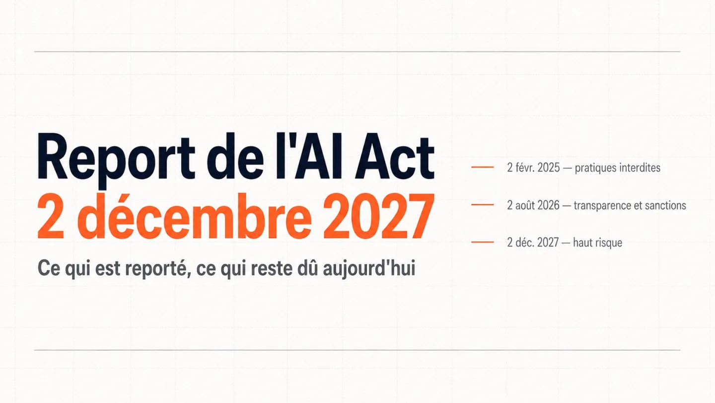 Couverture : le report de l'AI Act fixe le haut risque au 2 décembre 2027, ce qui est déjà dû reste applicable.