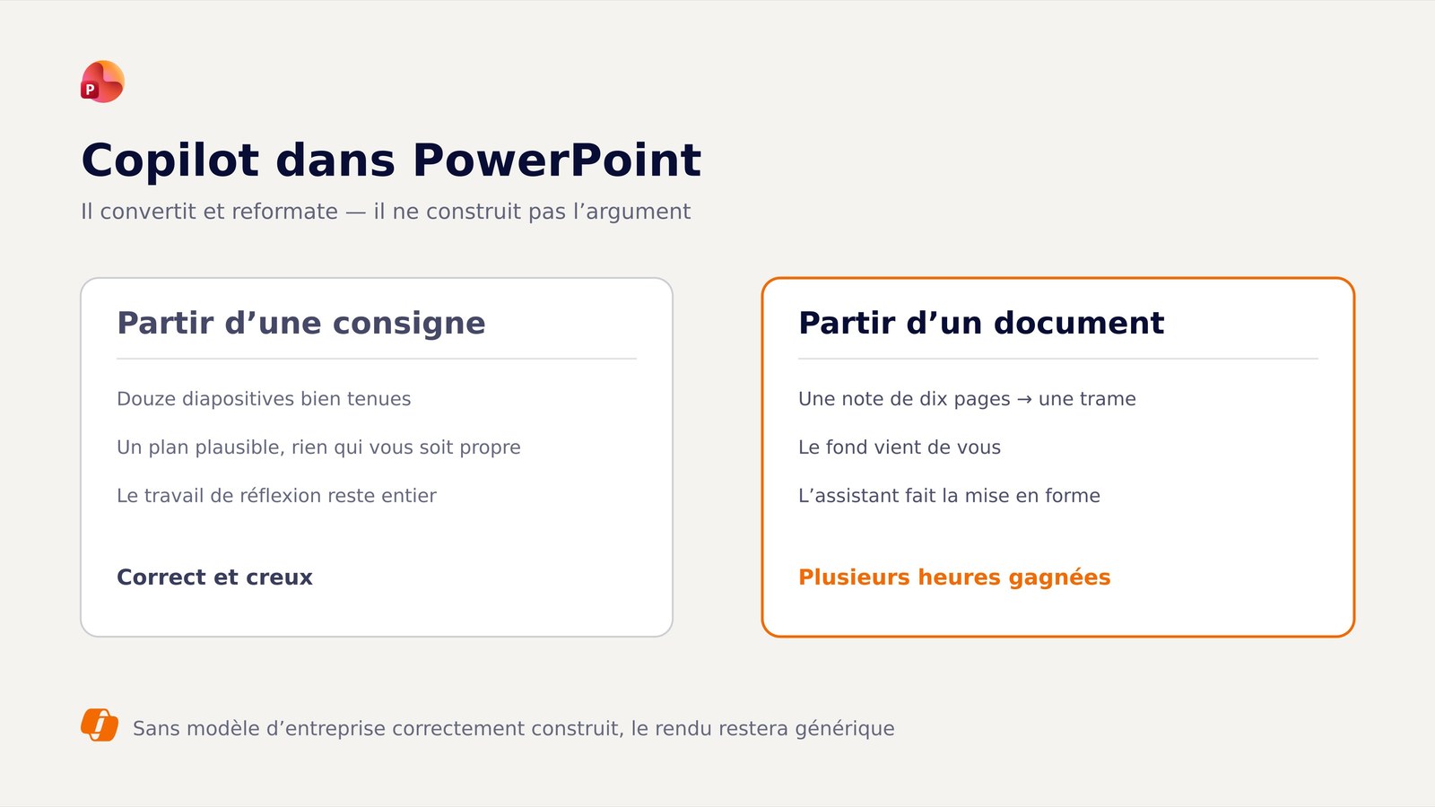 Comparaison entre générer une présentation depuis une consigne et depuis un document existant.