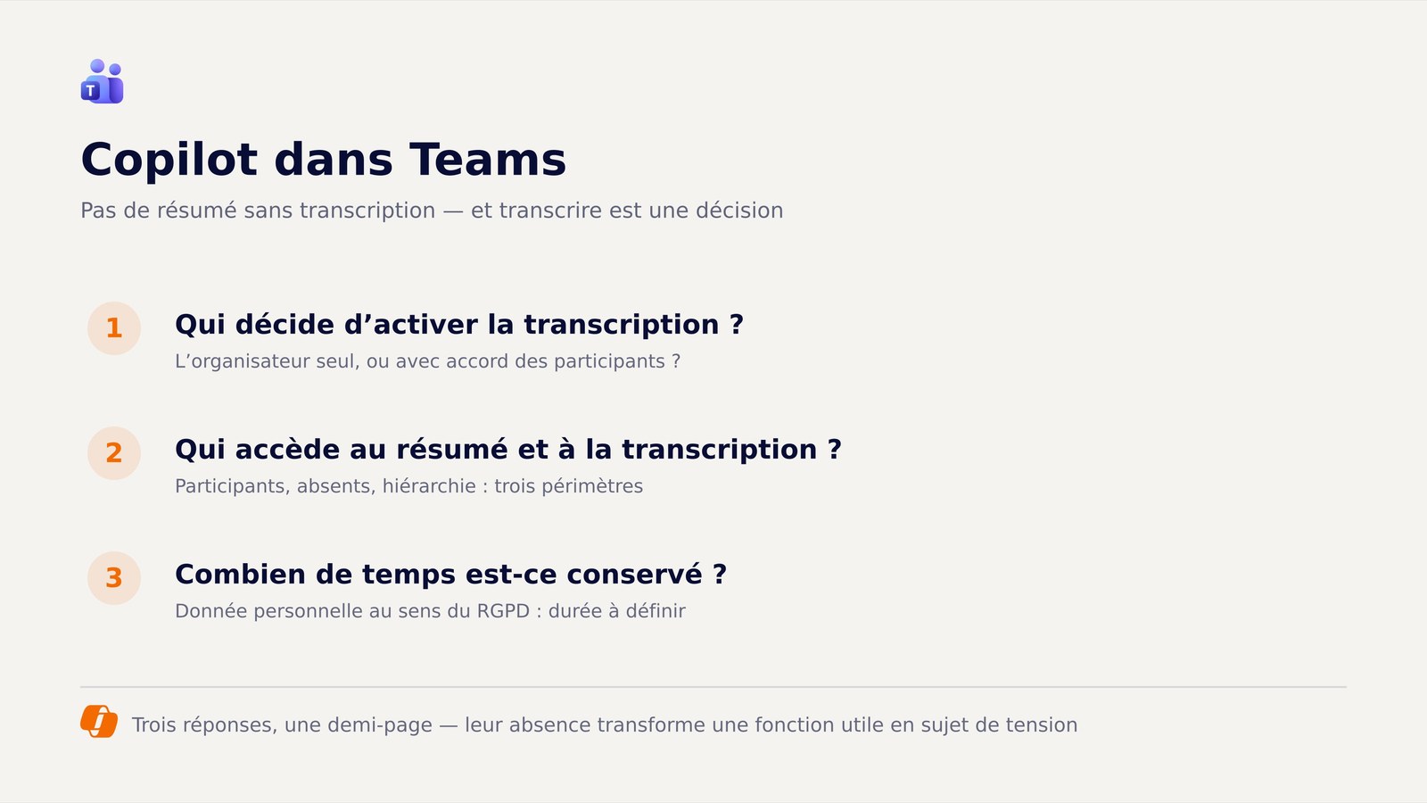 Les trois questions de gouvernance à trancher avant d'activer la transcription des réunions Teams.